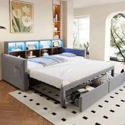 Lit Gigogne 90x190 cm - Lit Capitonné avec LED, 2 Tiroirs et Compartiments pour Enfant - Velours, MDF, Gris Clair - sans Matelas