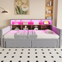 Lit Gigogne 90x190 cm - Lit Capitonné avec LED, 2 Tiroirs et Compartiments pour Enfant - Velours, MDF, Gris Clair - sans Matelas
