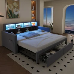 Lit Gigogne 90x190 cm - Lit Capitonné avec LED, 2 Tiroirs et Compartiments pour Enfant - Velours, MDF, Gris Clair - sans Matelas