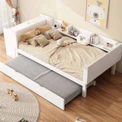 Lit Gigogne 90x200 cm - Lit Combiné enfant avec Bureau et 3 Étagères - Sans Matelas - Blanc