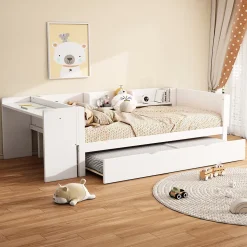 Lit Gigogne 90x200 cm - Lit Combiné enfant avec Bureau et 3 Étagères - Sans Matelas - Blanc