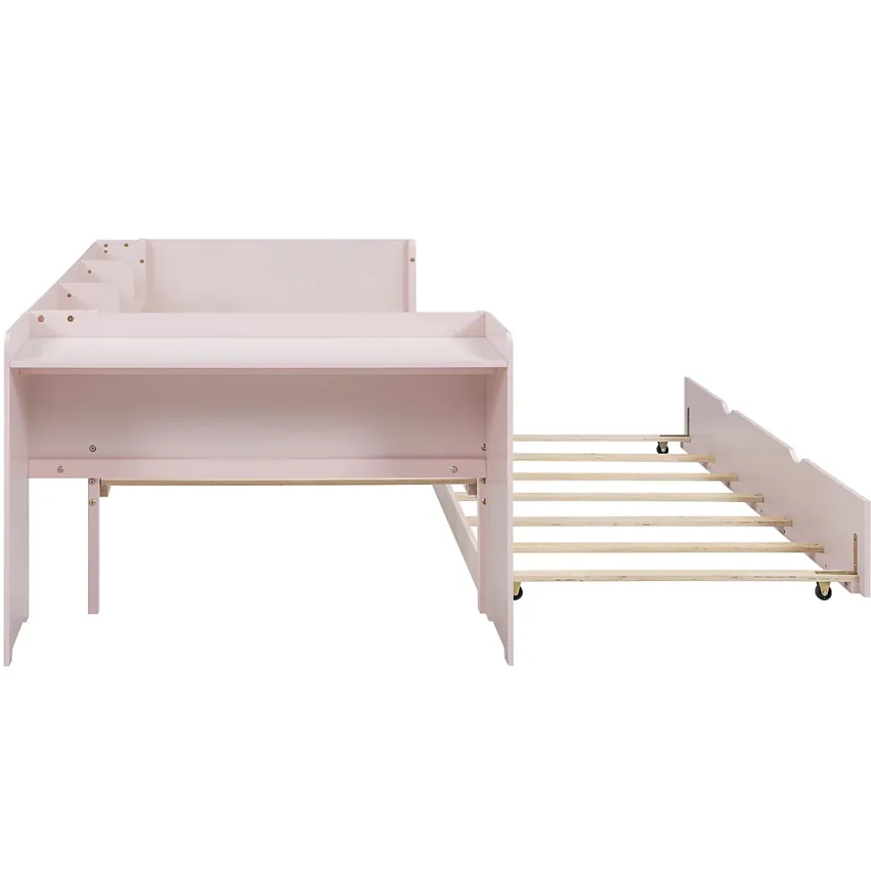 Lit Gigogne 90x200 cm - Lit Combiné enfant avec Bureau et 3 Étagères - Sans Matelas - Rose