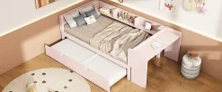 Lit Gigogne 90x200 cm - Lit Combiné enfant avec Bureau et 3 Étagères - Sans Matelas - Rose