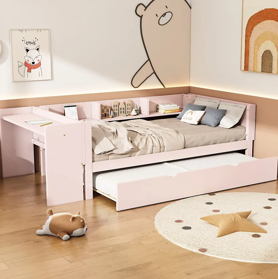 Lit Gigogne 90x200 cm - Lit Combiné enfant avec Bureau et 3 Étagères - Sans Matelas - Rose