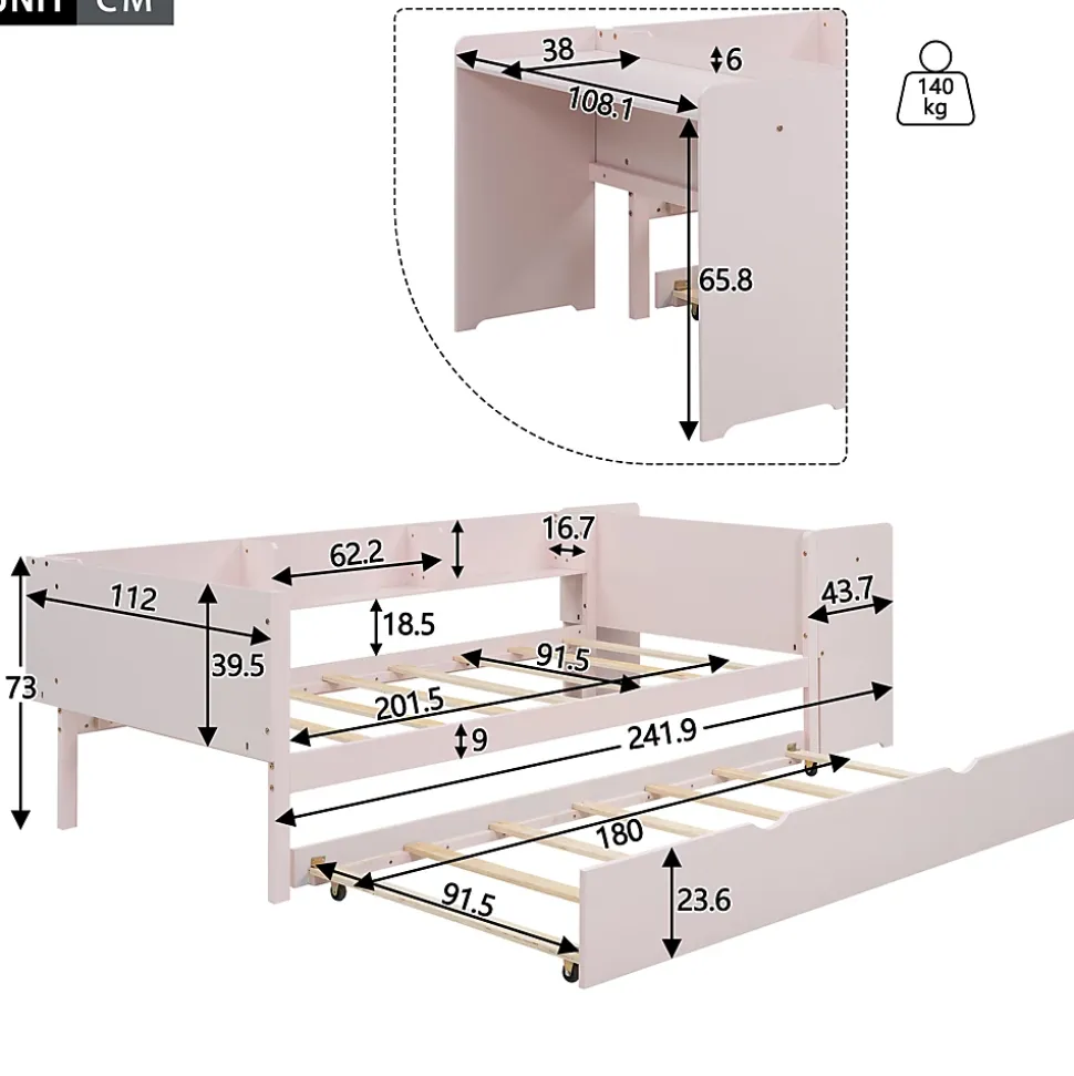 Lit Gigogne 90x200 cm - Lit Combiné enfant avec Bureau et 3 Étagères - Sans Matelas - Rose