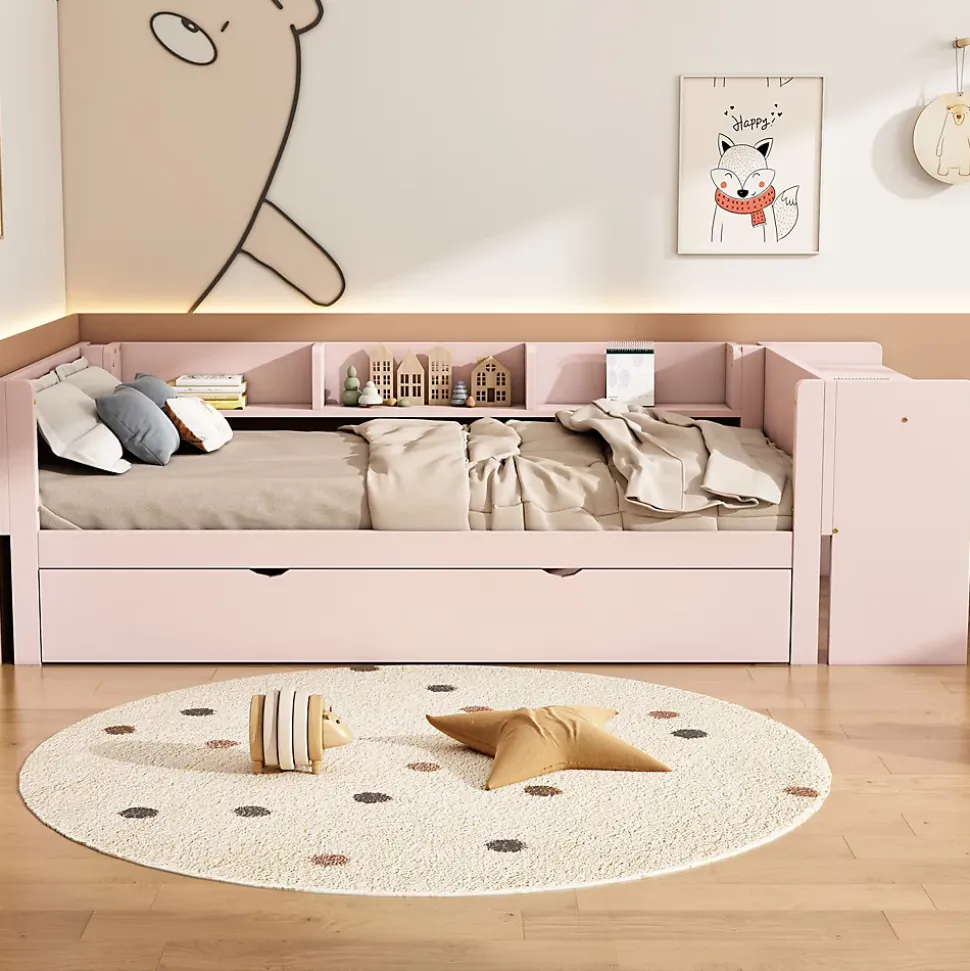 Lit Gigogne 90x200 cm - Lit Combiné enfant avec Bureau et 3 Étagères - Sans Matelas - Rose