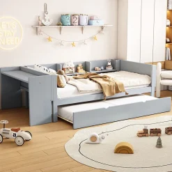 Lit Gigogne 90x200 cm - Lit Combiné enfant avec Bureau et 3 Étagères - Sans Matelas - Gris