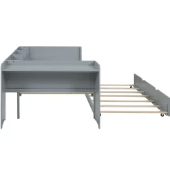 Lit Gigogne 90x200 cm - Lit Combiné enfant avec Bureau et 3 Étagères - Sans Matelas - Gris