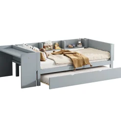 Lit Gigogne 90x200 cm - Lit Combiné enfant avec Bureau et 3 Étagères - Sans Matelas - Gris