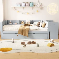 Lit Gigogne 90x200 cm - Lit Combiné enfant avec Bureau et 3 Étagères - Sans Matelas - Gris