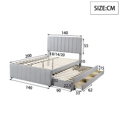 Lit Gigogne 140x200 cm - Lit Double avec Tiroirs et Lit enfant 90x190 cm, Structure en MDF et Lin, Sans Matelas - Gris