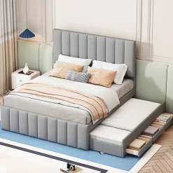 Lit Gigogne 140x200 cm - Lit Double avec Tiroirs et Lit enfant 90x190 cm, Structure en MDF et Lin, Sans Matelas - Gris