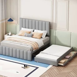 Lit Gigogne 140x200 cm - Lit Double avec Tiroirs et Lit enfant 90x190 cm, Structure en MDF et Lin, Sans Matelas - Gris