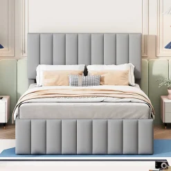 Lit Gigogne 140x200 cm - Lit Double avec Tiroirs et Lit enfant 90x190 cm, Structure en MDF et Lin, Sans Matelas - Gris