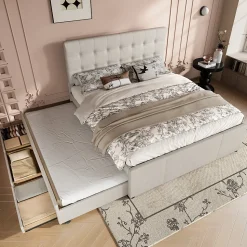 Lit Gigogne 140x200 cm - Lit Double Ado avec Tête de Lit Réglable et 3 Tiroirs - Sans Matelas - Lin Beige