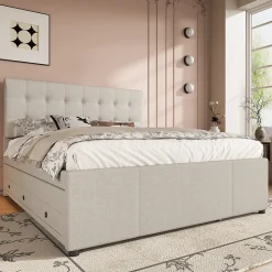 Lit Gigogne 140x200 cm - Lit Double Ado avec Tête de Lit Réglable et 3 Tiroirs - Sans Matelas - Lin Beige