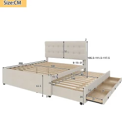 Lit Gigogne 140x200 cm - Lit Double Ado avec Tête de Lit Réglable et 3 Tiroirs - Sans Matelas - Lin Beige