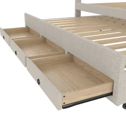 Lit Gigogne 140x200 cm - Lit Double Ado avec Tête de Lit Réglable et 3 Tiroirs - Sans Matelas - Lin Beige