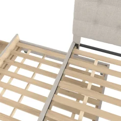 Lit Gigogne 140x200 cm - Lit Double Ado avec Tête de Lit Réglable et 3 Tiroirs - Sans Matelas - Lin Beige