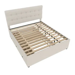 Lit Gigogne 140x200 cm - Lit Double Ado avec Tête de Lit Réglable et 3 Tiroirs - Sans Matelas - Lin Beige
