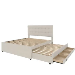 Lit Gigogne 140x200 cm - Lit Double Ado avec Tête de Lit Réglable et 3 Tiroirs - Sans Matelas - Lin Beige