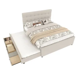 Lit Gigogne 140x200 cm - Lit Double Ado avec Tête de Lit Réglable et 3 Tiroirs - Sans Matelas - Lin Beige