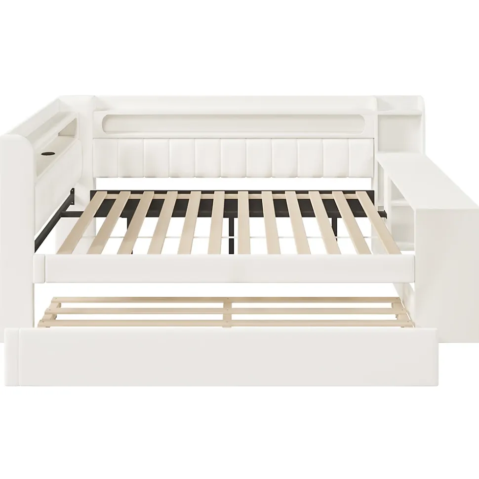 Lit Gigogne 140x200 cm - Lit Double Rembourré avec LED et Ports USB, Bureau Intégré, sans Matelas - MDF Blanc