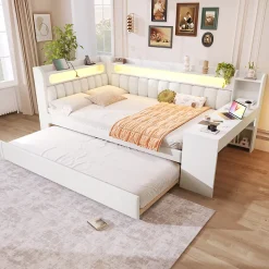 Lit Gigogne 140x200 cm - Lit Double Rembourré avec LED et Ports USB, Bureau Intégré, sans Matelas - MDF Blanc