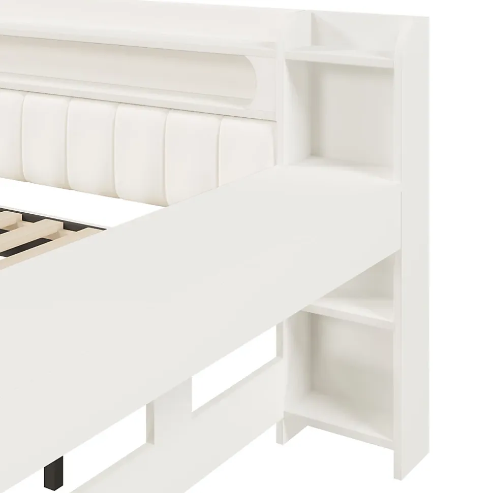 Lit Gigogne 140x200 cm - Lit Double Rembourré avec LED et Ports USB, Bureau Intégré, sans Matelas - MDF Blanc