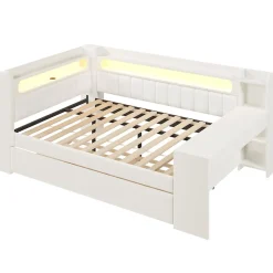 Lit Gigogne 140x200 cm - Lit Double Rembourré avec LED et Ports USB, Bureau Intégré, sans Matelas - MDF Blanc