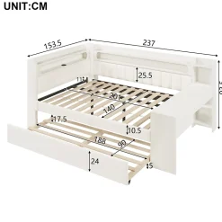 Lit Gigogne 140x200 cm - Lit Double Rembourré avec LED et Ports USB, Bureau Intégré, sans Matelas - MDF Blanc