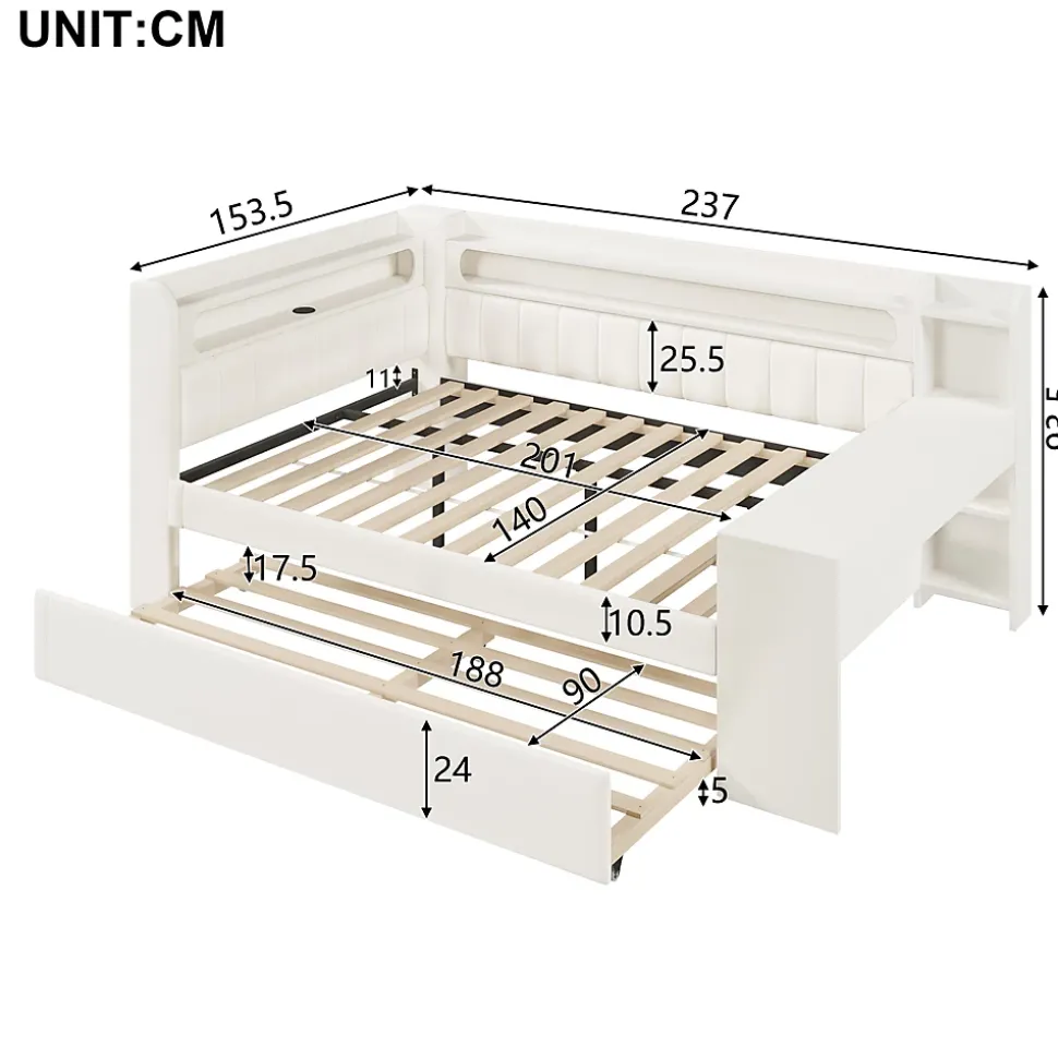 Lit Gigogne 140x200 cm - Lit Double Rembourré avec LED et Ports USB, Bureau Intégré, sans Matelas - MDF Blanc