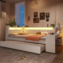 Lit Gigogne 140x200 cm - Lit Double Rembourré avec LED et Ports USB, Bureau Intégré, sans Matelas - MDF Blanc