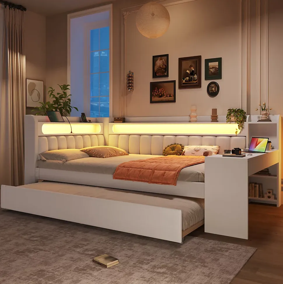 Lit Gigogne 140x200 cm - Lit Double Rembourré avec LED et Ports USB, Bureau Intégré, sans Matelas - MDF Blanc