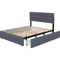 Lit Gigogne 140x200 cm - Lit Double avec Tiroirs et Rangement Extensible - Lit D'Appoint Adulte - Lin Gris - Sans Matelas