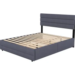 Lit Gigogne 140x200 cm - Lit Double avec Tiroirs et Rangement Extensible - Lit D'Appoint Adulte - Lin Gris - Sans Matelas
