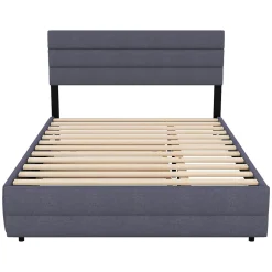 Lit Gigogne 140x200 cm - Lit Double avec Tiroirs et Rangement Extensible - Lit D'Appoint Adulte - Lin Gris - Sans Matelas