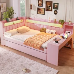 Lit Gigogne 140x200 cm - Lit Double Rembourré avec LED et Ports USB, Bureau Intégré, sans Matelas - MDF Rose