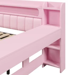 Lit Gigogne 140x200 cm - Lit Double Rembourré avec LED et Ports USB, Bureau Intégré, sans Matelas - MDF Rose