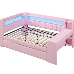 Lit Gigogne 140x200 cm - Lit Double Rembourré avec LED et Ports USB, Bureau Intégré, sans Matelas - MDF Rose