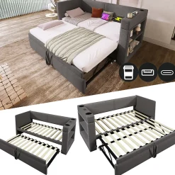 Lit Gigogne 90x200 cm - Lit Enfant avec Ports USB et Type-C, Porte-Gobelet, sans Matelas, Tissu Lin, Gris