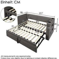 Lit Gigogne 90x200 cm - Lit Enfant avec Ports USB et Type-C, Porte-Gobelet, sans Matelas, Tissu Lin, Gris