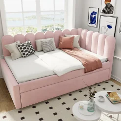 Lit Gigogne 140x200 cm - Lit Enfant Velours avec Rangement et Lit Extensible L-Forme, Sans Matelas, Rose