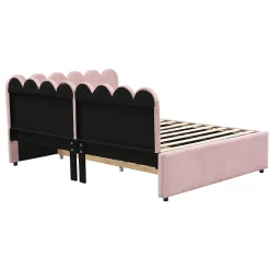 Lit Gigogne 140x200 cm - Lit Enfant Velours avec Rangement et Lit Extensible L-Forme, Sans Matelas, Rose