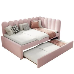 Lit Gigogne 140x200 cm - Lit Enfant Velours avec Rangement et Lit Extensible L-Forme, Sans Matelas, Rose