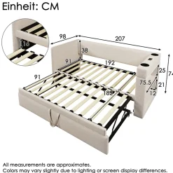 Lit Gigogne 90x190 cm - Lit Enfant avec Ports USB et Type-C, Porte-Gobelet, sans Matelas, Tissu Lin, Beige