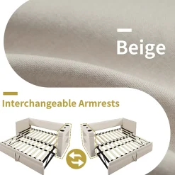 Lit Gigogne 90x190 cm - Lit Enfant avec Ports USB et Type-C, Porte-Gobelet, sans Matelas, Tissu Lin, Beige