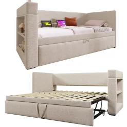 Lit Gigogne 90x190 cm - Lit Enfant avec Ports USB et Type-C, Porte-Gobelet, sans Matelas, Tissu Lin, Beige