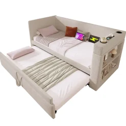 Lit Gigogne 90x190 cm - Lit Enfant avec Ports USB et Type-C, Porte-Gobelet, sans Matelas, Tissu Lin, Beige