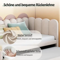 Lit Gigogne 90x200 cm - Lit Enfant Velours avec Rangement et Lit Extensible, 2-en-1 Multifonction, Sans Matelas, Beige